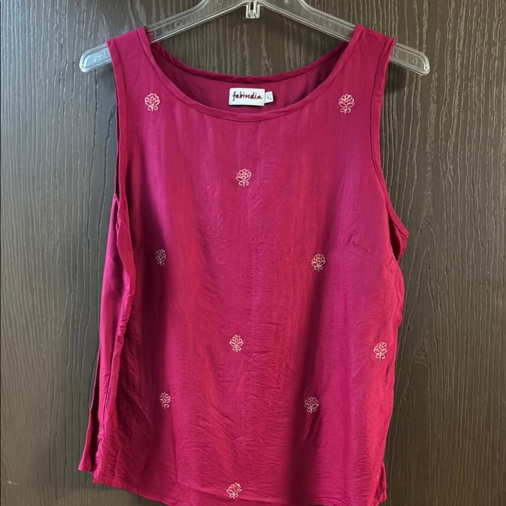 Fabindia Magenta Sleeveless Tank Top with Embroidered Details, large